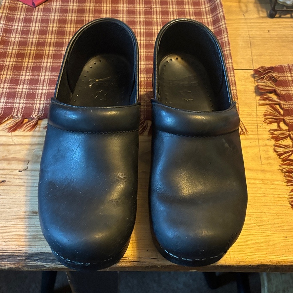 Dansko Black Leather Wedge Clogs
